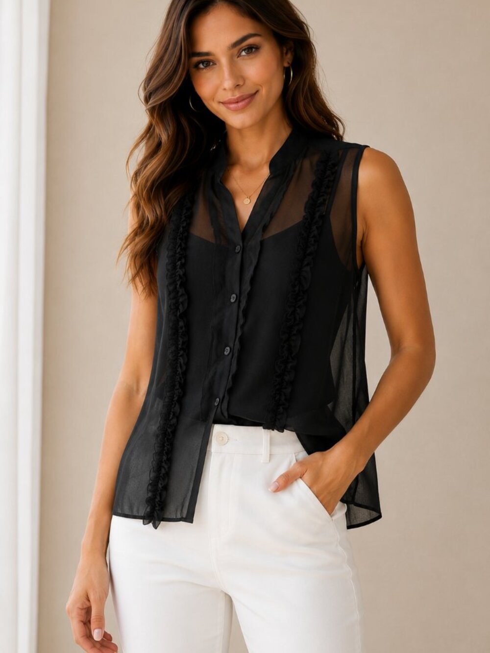 Armani Exchange Sheer Black Ruffle Sleeveless Blouse Top Small